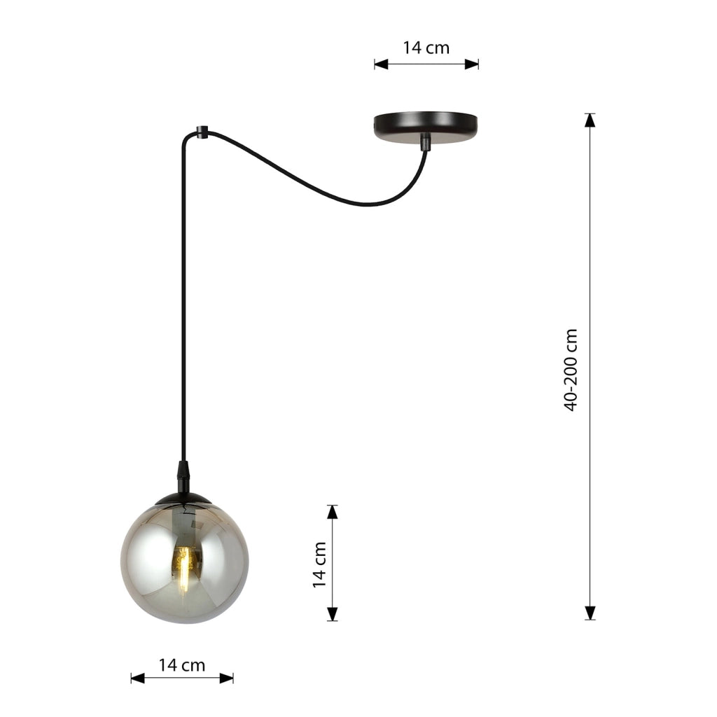 Sospensione 1 Luce Ginevra In Acciaio Nero Con Cavo Lungo E Vetro Fumè