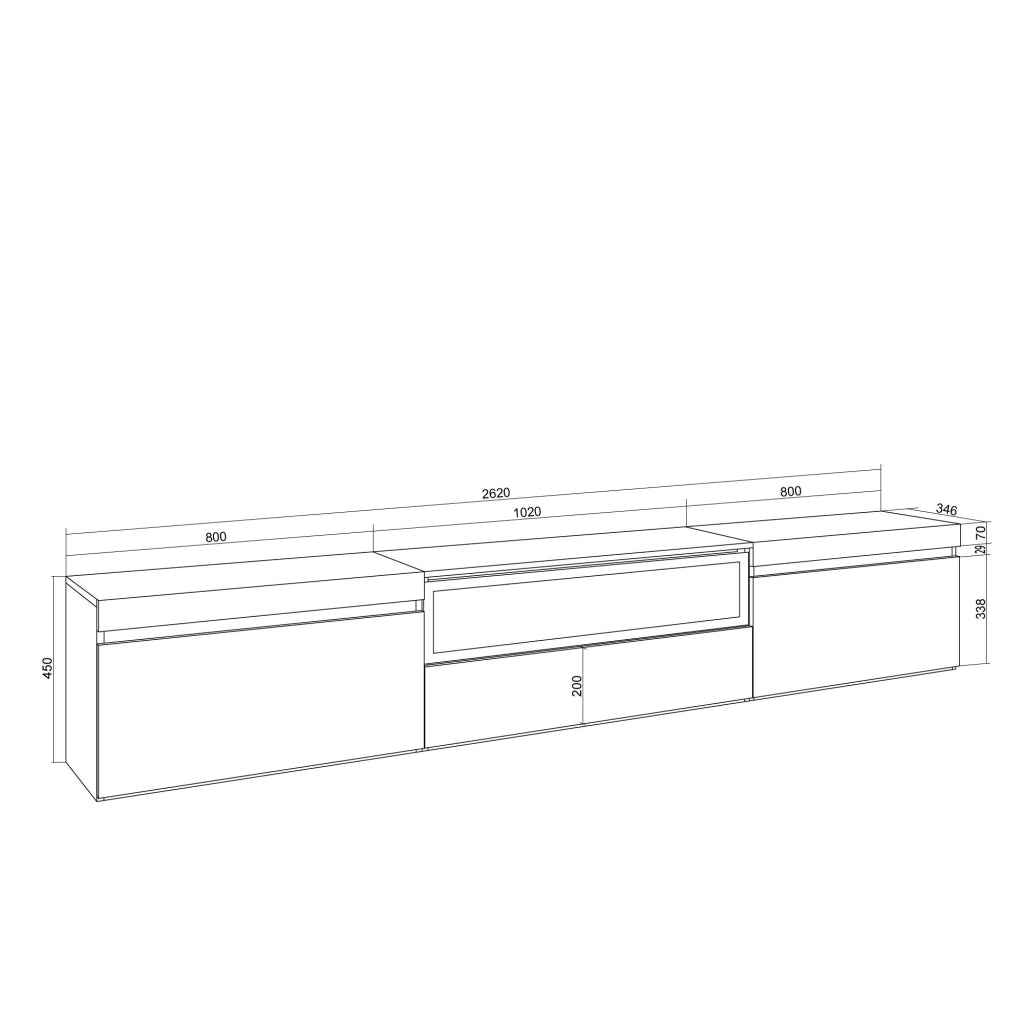 Mobile TV Soggiorno, 260x45x35cm, TV di grande formato, Camino elettrico, Bianco e Rovere soft