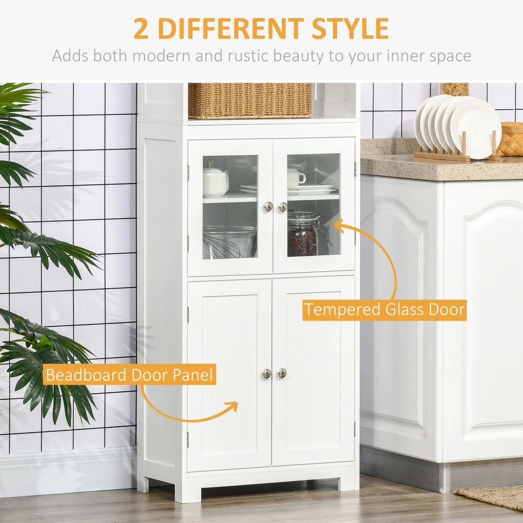 Mobile Dispensa con 2 Ripiani Aperti e 2 Armadietti con Ante 60x30x162 cm in MDF e Vetro Bianco