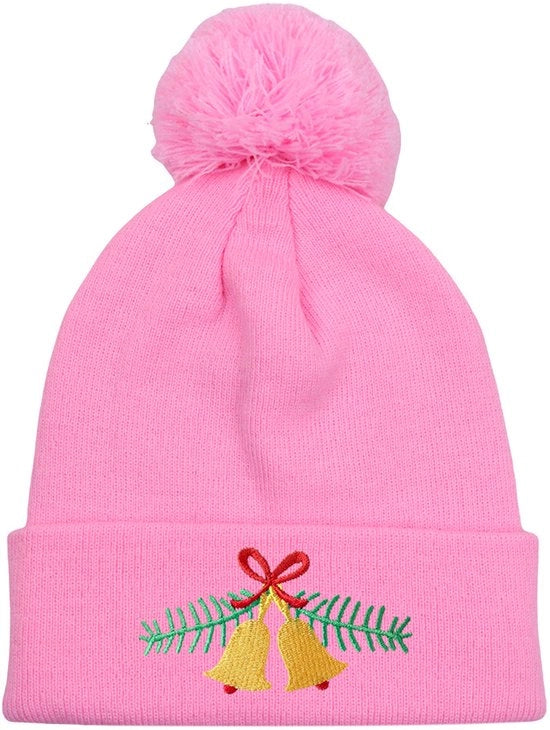 Cappello di lana con motivi di campanelli, cappello di lana ricamato, cappello caldo per autunno e inverno, cappello di Natale per donne (rosa), 56-58 cm
