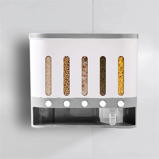 Dispensatore per Cereali - Dispensatore per Riso - Dispensatore per Cereali - Dispensatore per Granaglie - Dispensatore Multifunzione - 5 in 1 - Montaggio a Parete - Dimensioni: 40 x 15 x 34 CM - Bianco/Grigio
