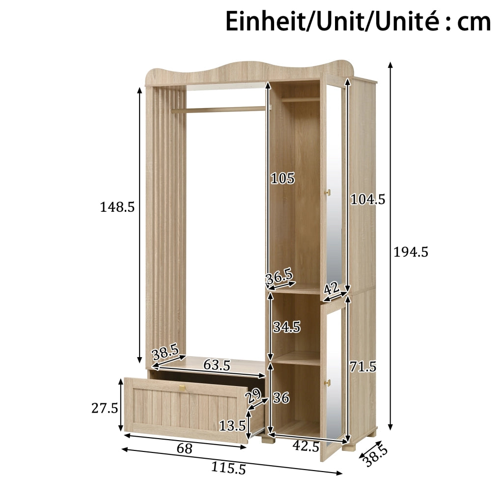 Armadio con 2 Ante e 1 Cassetto; Anta a Specchio e Barra Appendiabiti Aperta; Stile Moderno; in MDF; 115;5??38;5??194;5 cm; Rovere