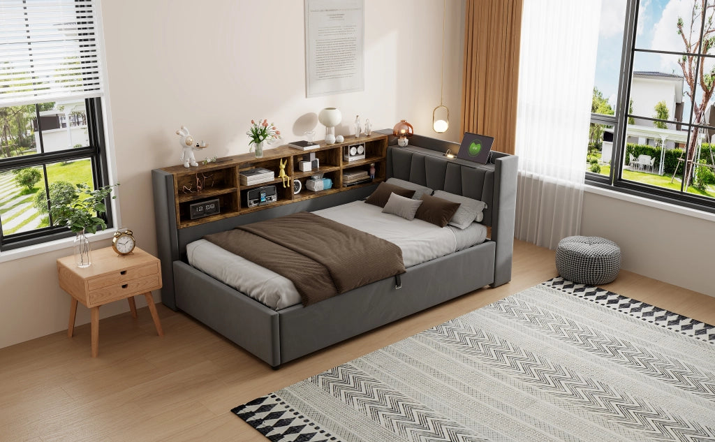 Letto matrimoniale con funzione divano letto e vano contenitore idraulico in velluto grigio 90x200 c