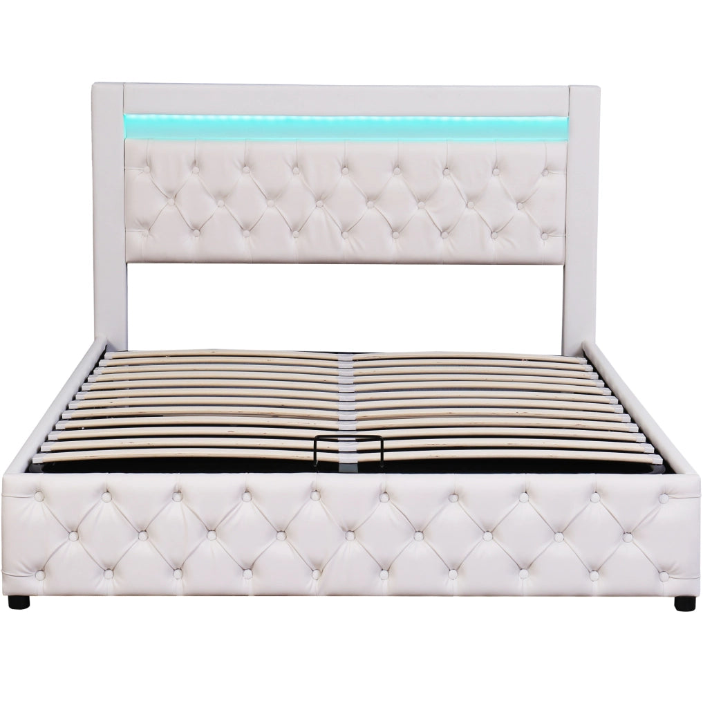 Letto imbottito 160x200 cm; contenitore e LED; PU bianco (Senza materasso)