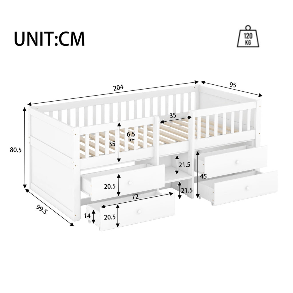 OKWISH Letto a Mezz’altezza 90×200 cm, Letto Singolo con 4 Cassetti, Spondine di Sicurezza e Scala, senza Materasso, in Pino, Bianco