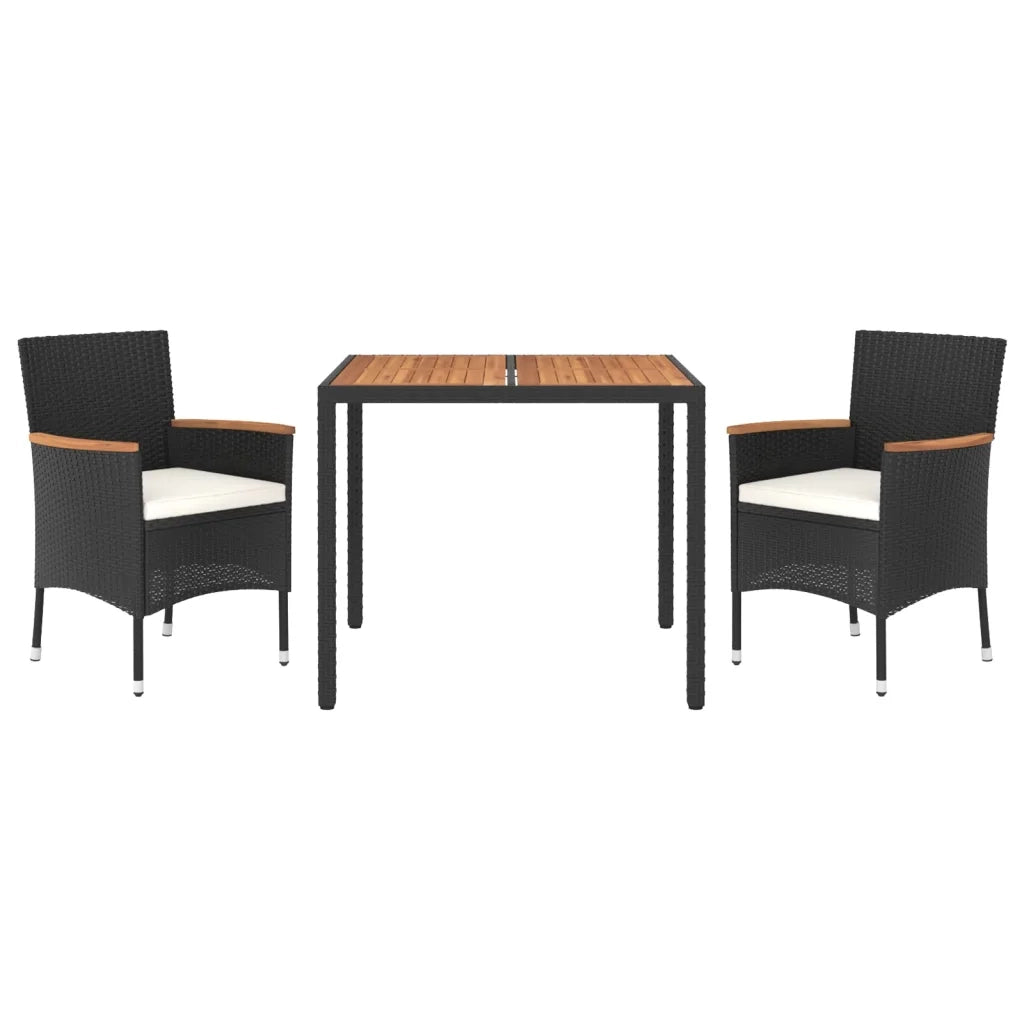 Set da Pranzo da Giardino 3 pz con Cuscini Nero in Polyrattan