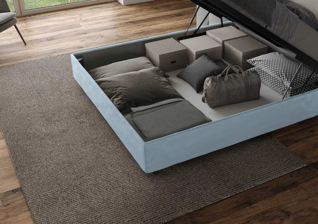 BS COM Letto matrimoniale king size contenitore imbottito 190x210 microfibra azzurro