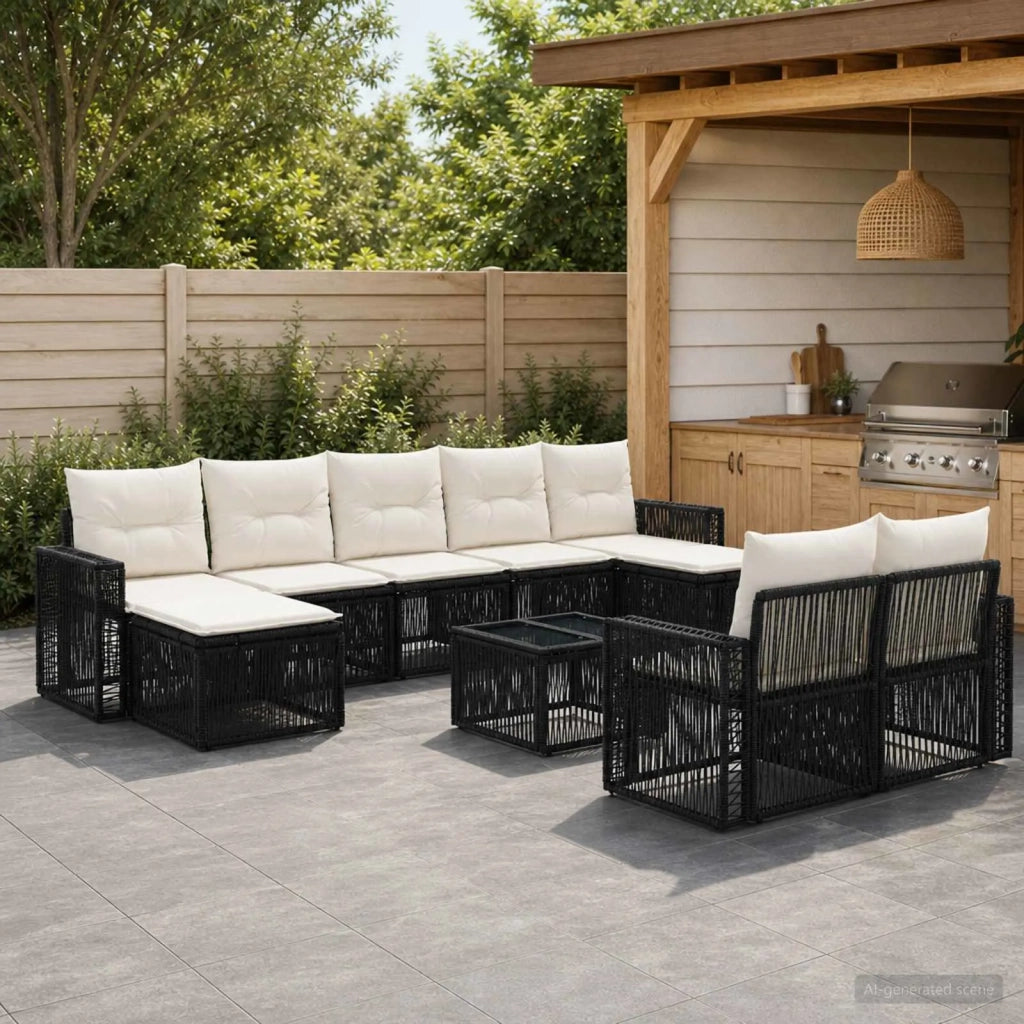Set Divano da Giardino 10 pz Nero e Bianco Crema polyrattan 3435253
