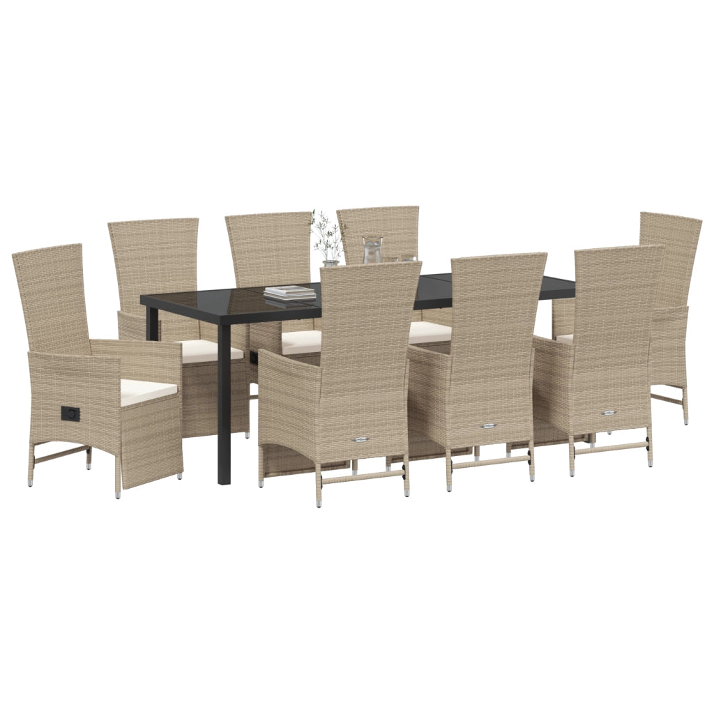 Set da Pranzo da Giardino 9 Pezzi con Cuscini Beige Polyrattan