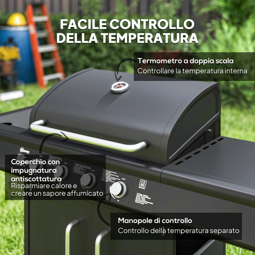 Barbecue a Gas con Fornello Laterale, Tavolino e Armadietto ¨C zephmum ¨C Acciaio e PP, Nero, 129.5x56x110 cm