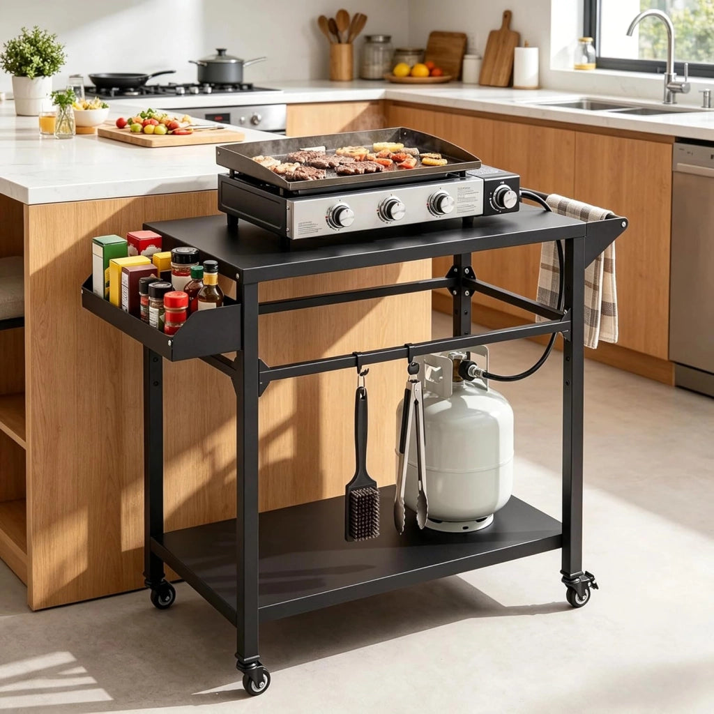 Carrello per Barbecue a 2 livelli, Carrello da Giardino con Porta Asciugamani e Scaffale per Spezie, Desserte da Esterno, 4 Rotelle, per Giardino e Terrazza, 100 x 45 x 80 cm, Nero