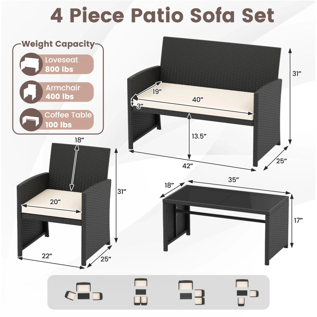 Set Mobili da Giardino 4 Pezzi in Rattan Bianco con Tavolino in Vetro Temperato e Cuscini Sfoderabili, per Esterno Balcone e Terrazzo