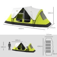 Tenda da Campeggio 6 posti con 2 Spazi Separati, in Poliestere e Fibra di Vetro, 450x215Px180 cm, Verde