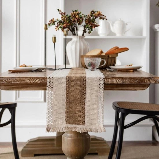 Tavolo da pranzo in macramé 30 x 274 cm con tovaglia beige stile boho con chiodini rettangolare per stile di campagna, matrimonio, compleanno, decorazione festiva per casa, cucina, tavolo da caffè.