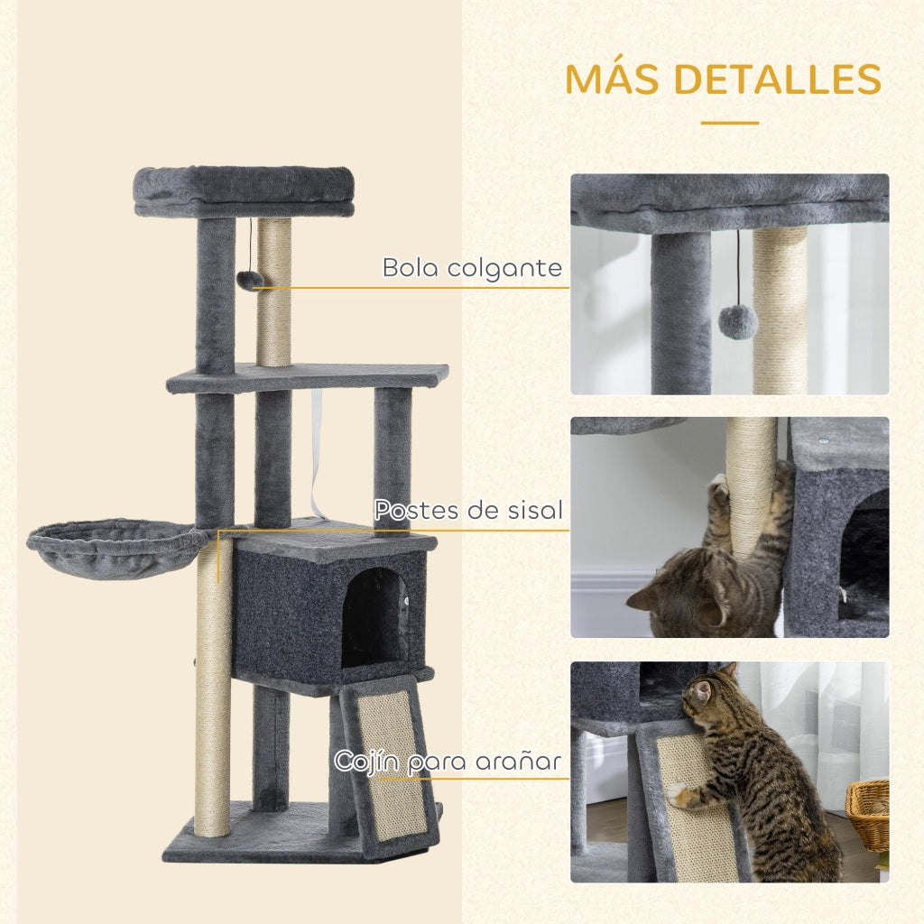 Albero tiragraffi per gatti con cuccia, amaca e piattaforme ¨C zephmum ¨C 127 cm grigio