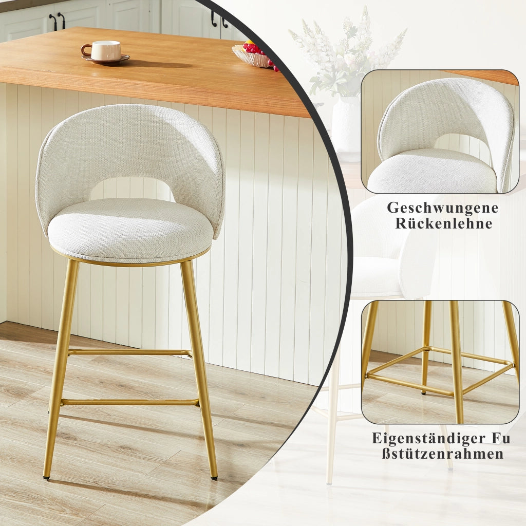 Sgabello da bar in tessuto chenille con schienale traforato e poggiapiedi, struttura in metallo beige per cucina