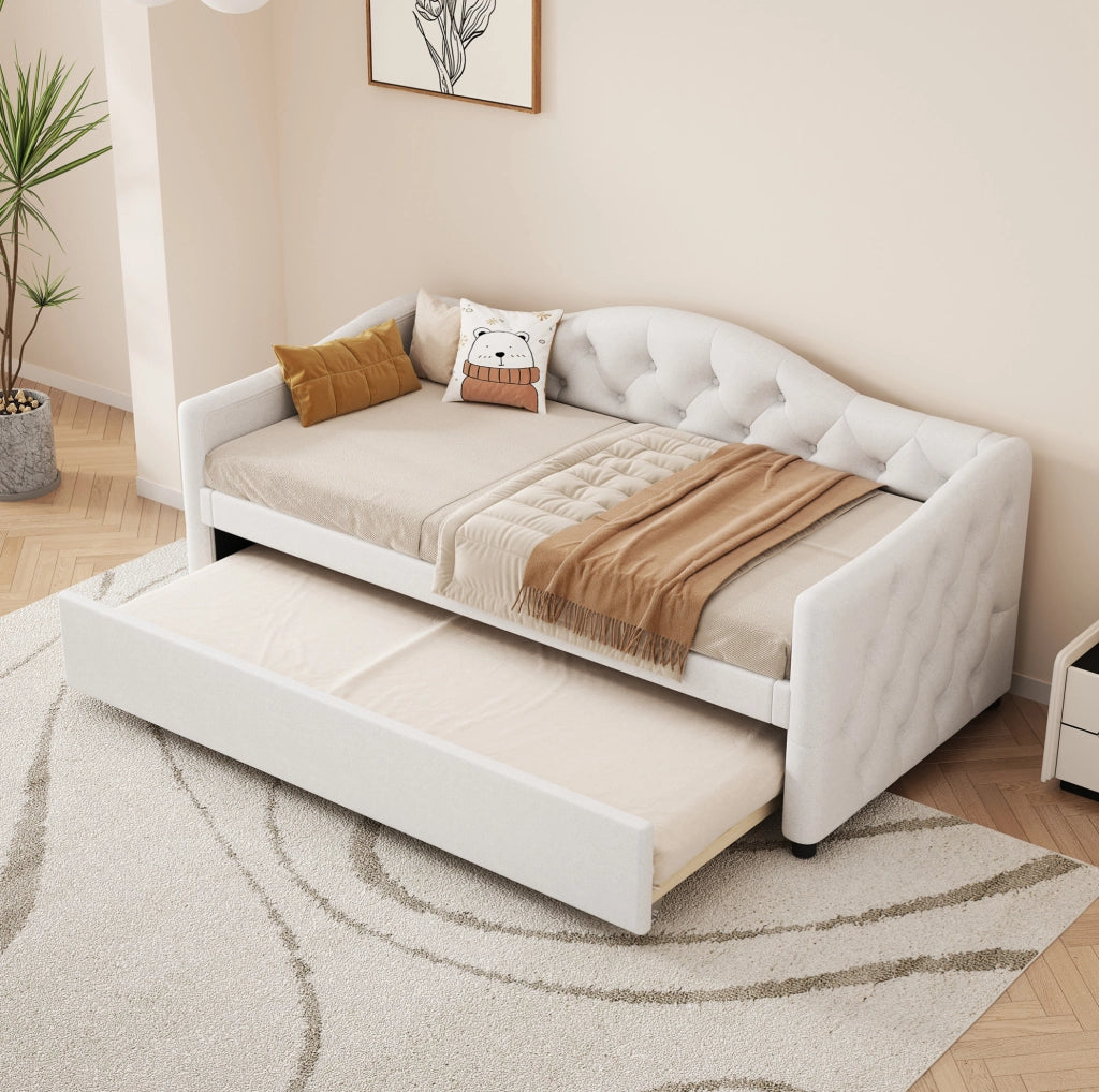 Divano letto 90x200 cm con letto estraibile in lino e MDF beige