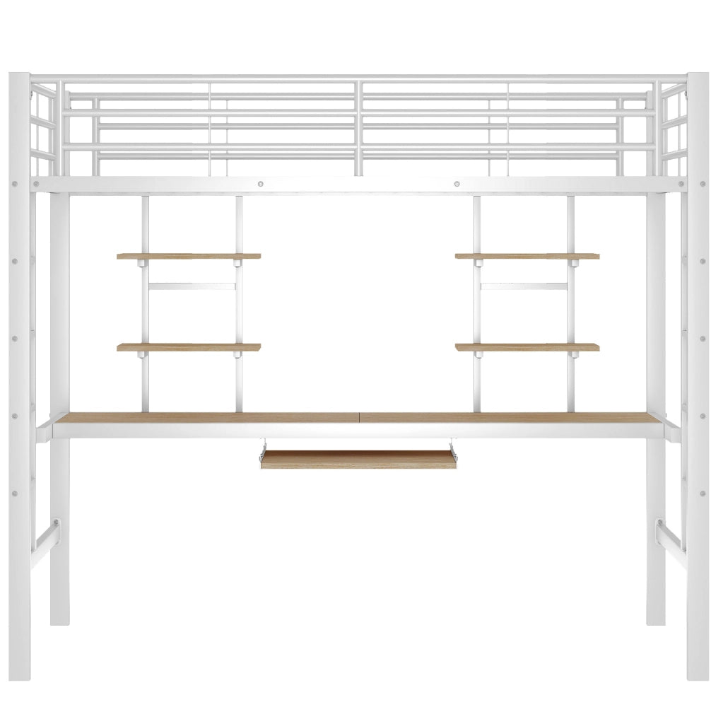 Letto a soppalco in metallo bianco 90x200 cm con scrivania e mensole YEAVIO
