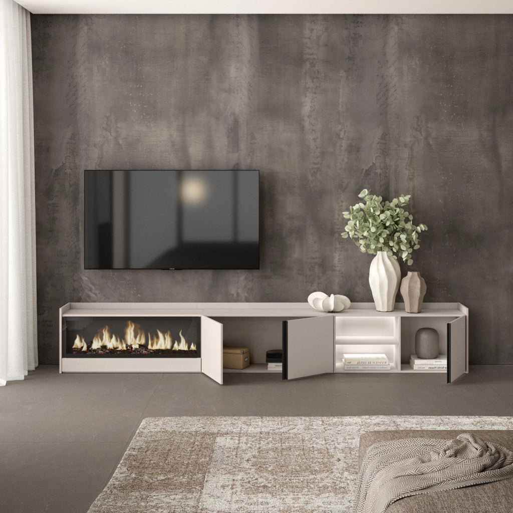 Mobile TV Soggiorno, 315x50x35 cm, Per TV fino a 80", Camino elettrico XXL, LED, Beige