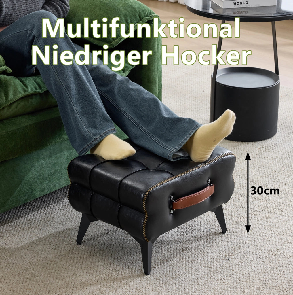 Pouf poggiapiedi portatile in PU nero con maniglia marrone e gambe in acciaio