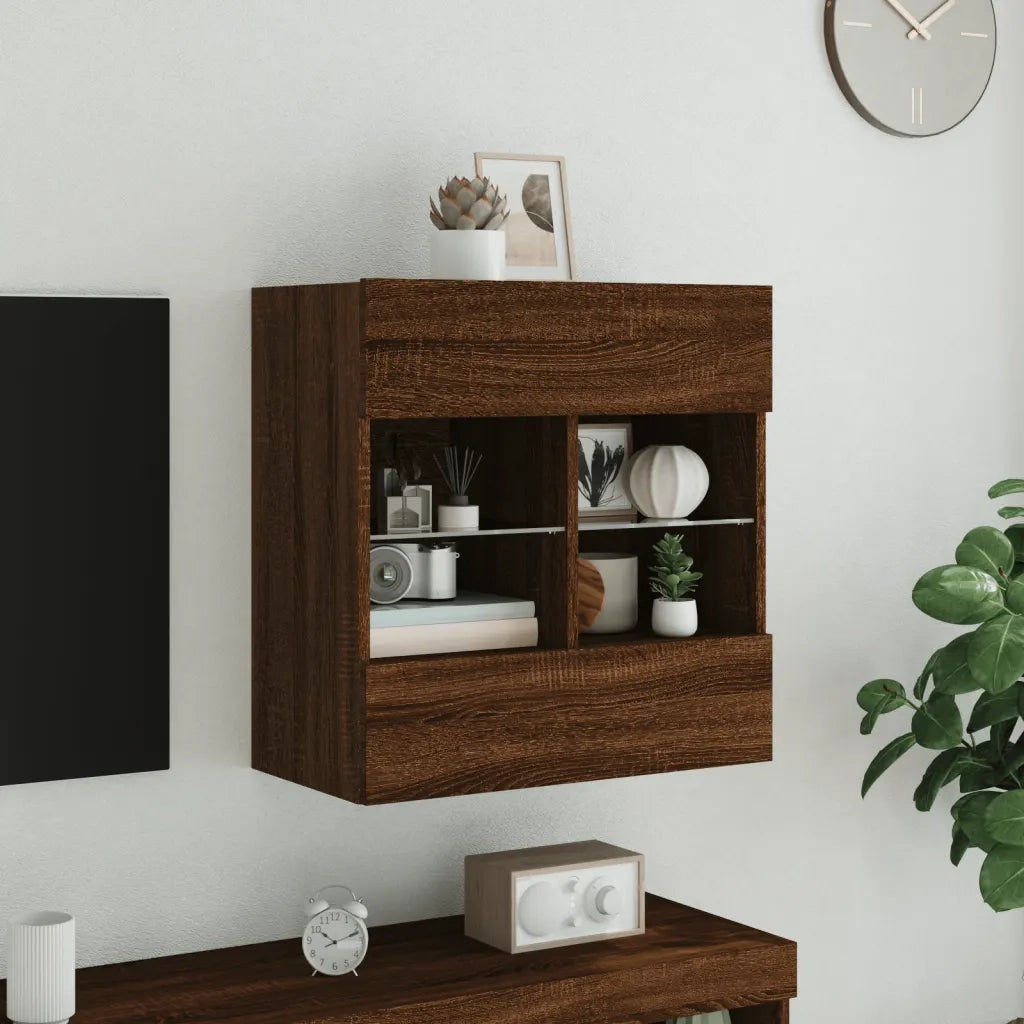 Mobile TV a Parete con Luci LED-Mobile TV a Muro Rovere Marrone 58,5x30x60,5 cm