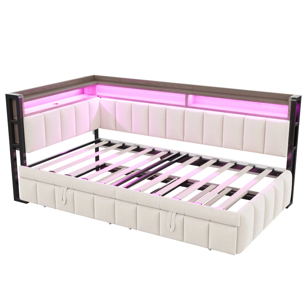 Letto estraibile singolo 90×200 cm con LED; ripiani; USB e Type-C; senza materasso; tessuto; beige