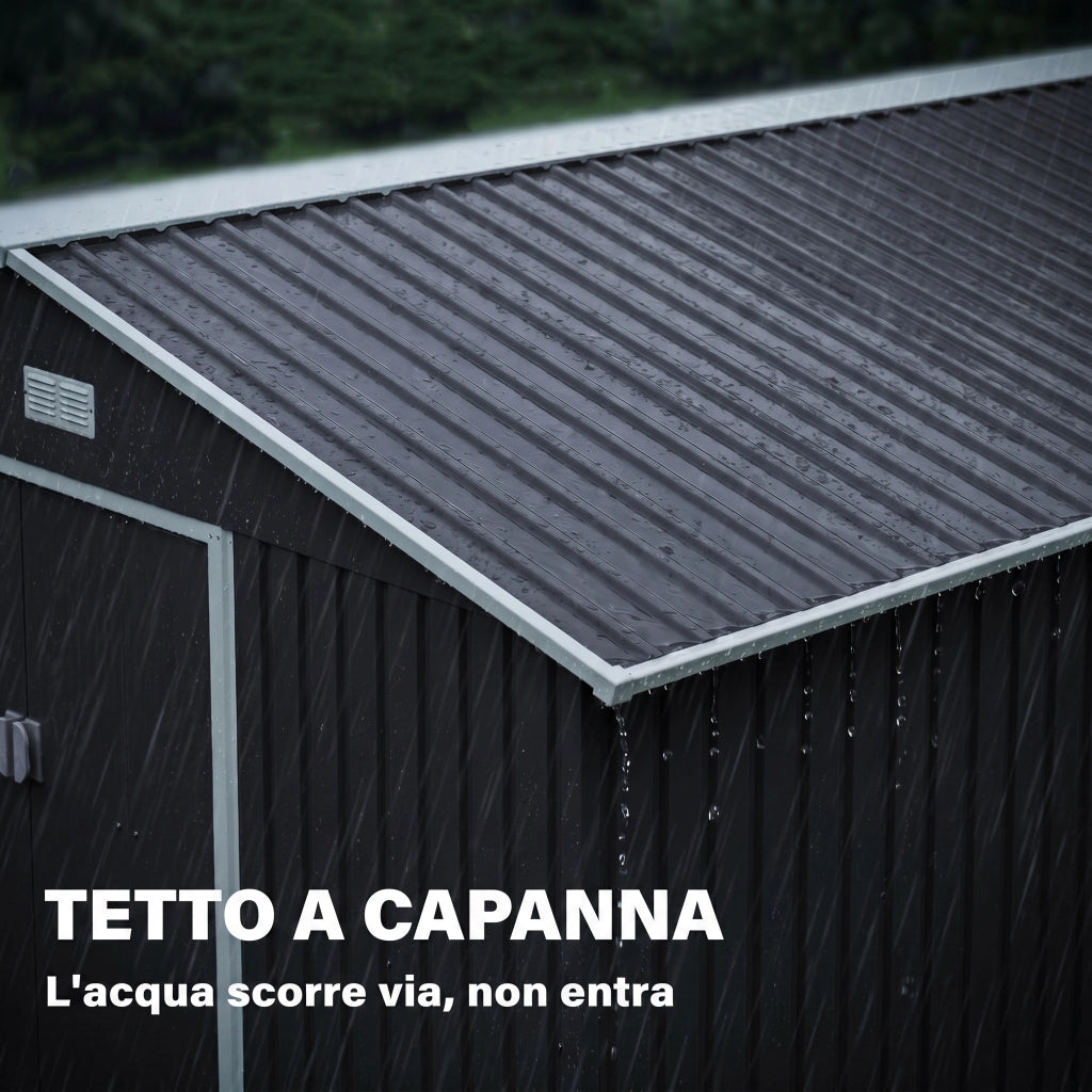 Casetta da Giardino 12.4m2 in Acciaio Zincato con kit Fondazione, Prese d'Aria, Capanno da Giardino con Tetto Inclinato, Doppia Porta Scorrevole Bloccabile, Capanno Porta Attrezzi, Grigio