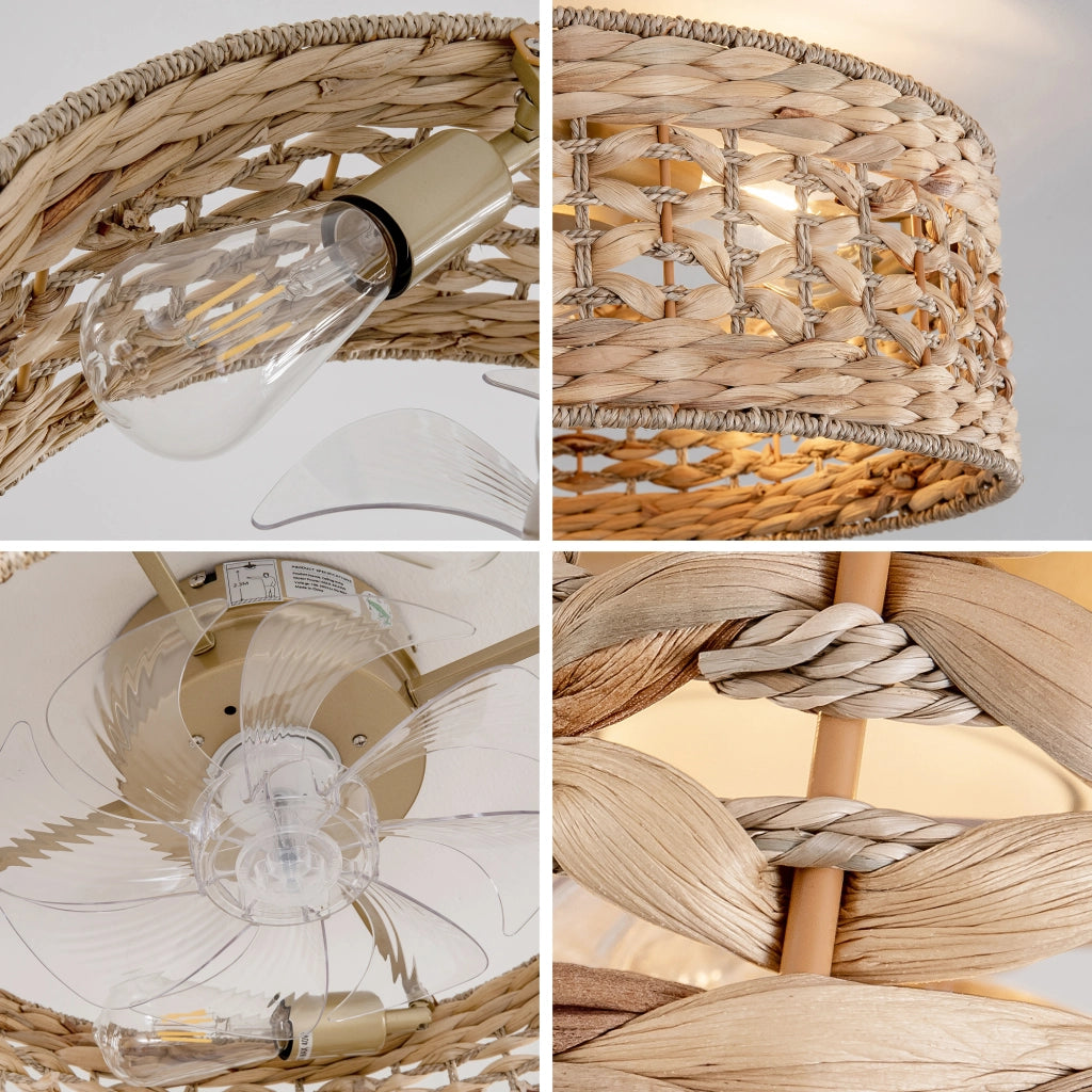Ventilatore da soffitto con luce in stile rattan; controllo tramite app e telecomando; 6 velocità; rame