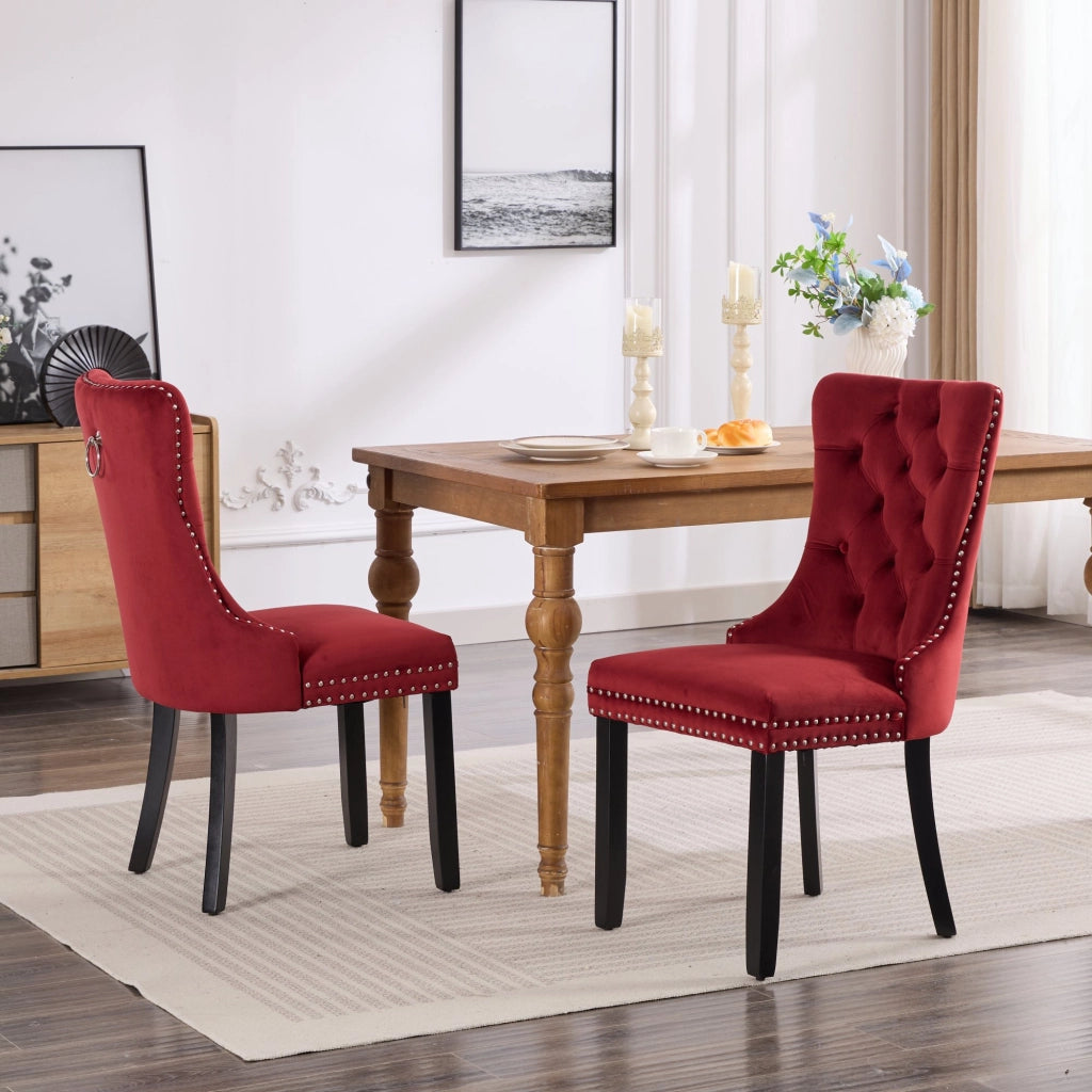 Sedie da Pranzo in Velluto Imbottite con Gambe in Legno ¨C MINIMAL ¨C Set 2 Pezzi, Bordeaux