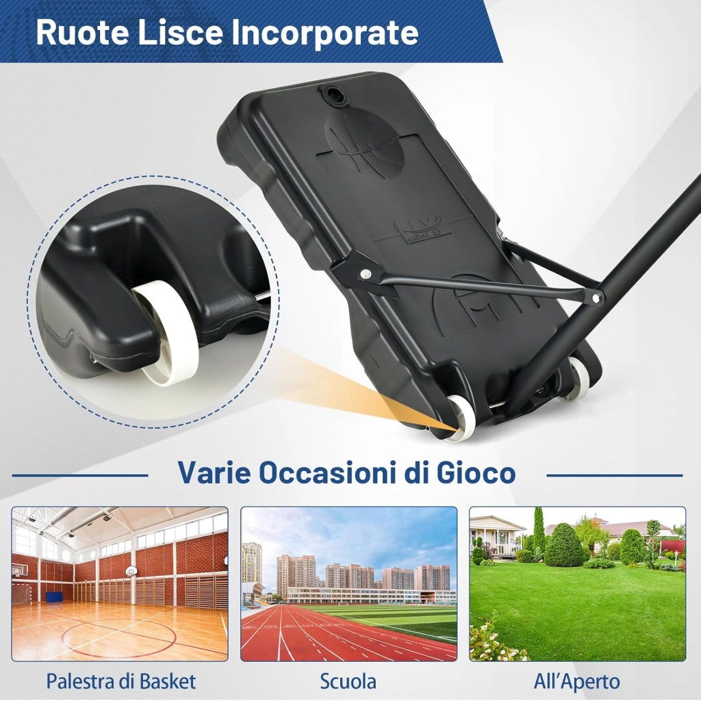 Canestro Basket da Interno ed Esterno Portatile e Regolabile in Altezza 90-210cm, Canestro da Basket per Bambini con Ruote, Incavo per Pallone e Tabellone Infrangibile