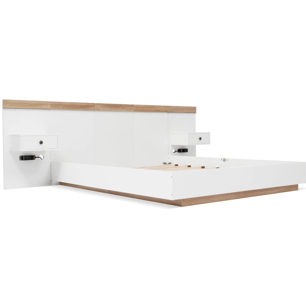Letto matrimoniale 160x200 cm con comodini LED; USB C e presa EU; legno bianco e quercia Sonoma