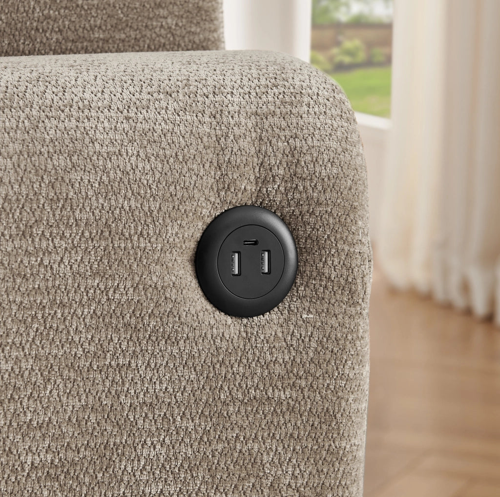 Divano 2 posti in chenille marrone con USB; tasche laterali e portabicchieri; 220x100x89 cm