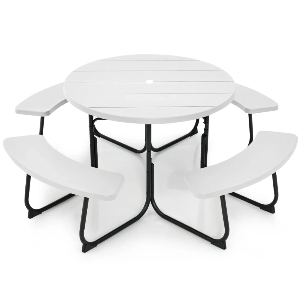 Set tavolo da picnic circolare 190 x 76 cm 8 posti foro per ombrellone design per esterni HDPE bianco 20_0011983