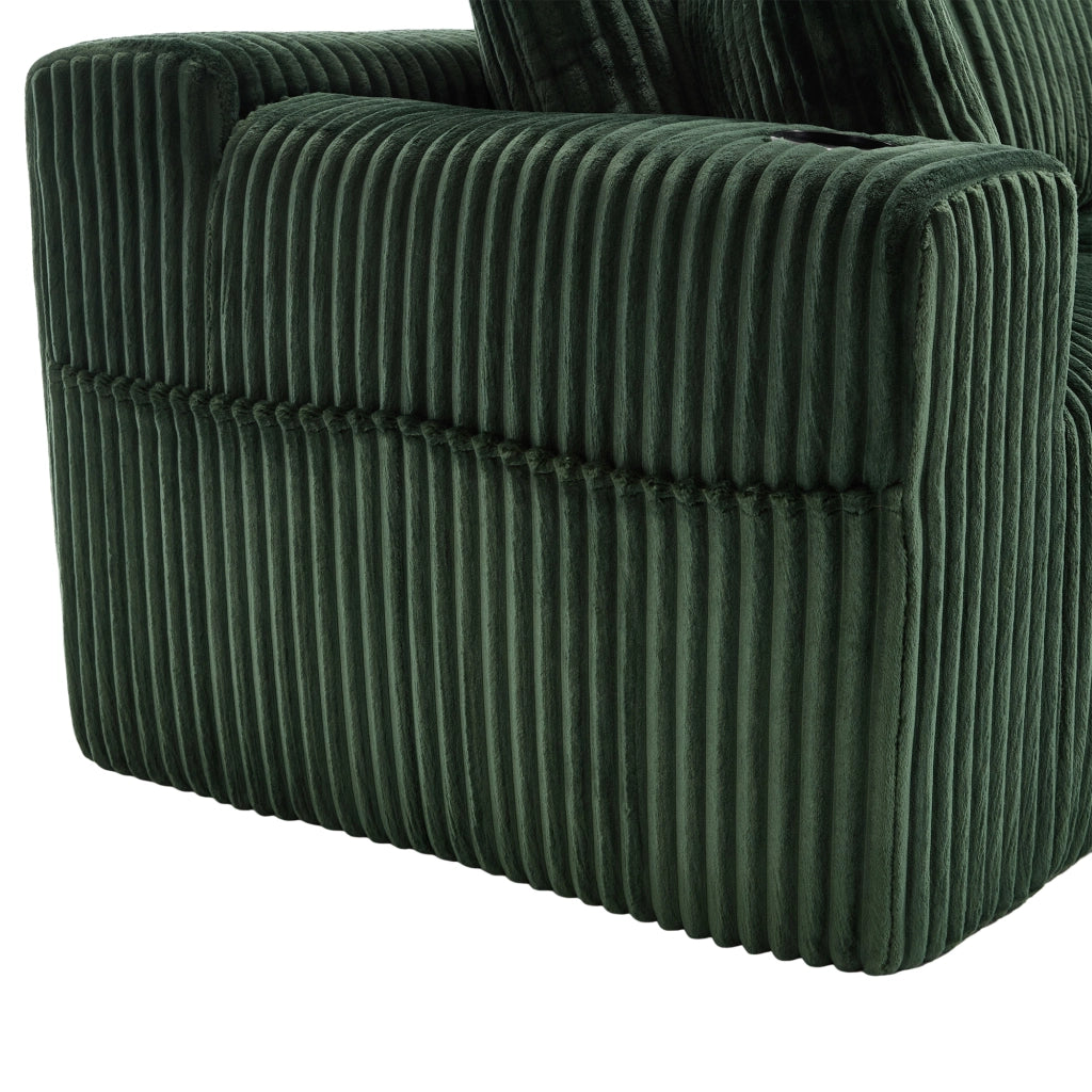 Divano modulare con chaise longue e 2 posti con tasche laterali, porta bicchieri e 5 cuscini, in velluto a coste, Verde Smeraldo