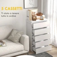Cassettiera 5 Cassetti in Legno con Maniglie Scanalate, 60x38x100cm, Bianco