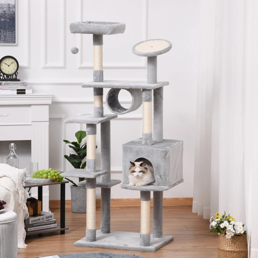 Albero Tiragraffi per Gatti 60x50x165 cm in Peluche e Corda Sisal Grigio e Beige
