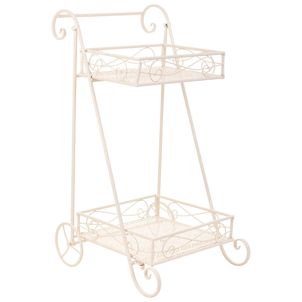 Carrello a 2 ripiani per pentole in ferro battuto bianco 40x34x76