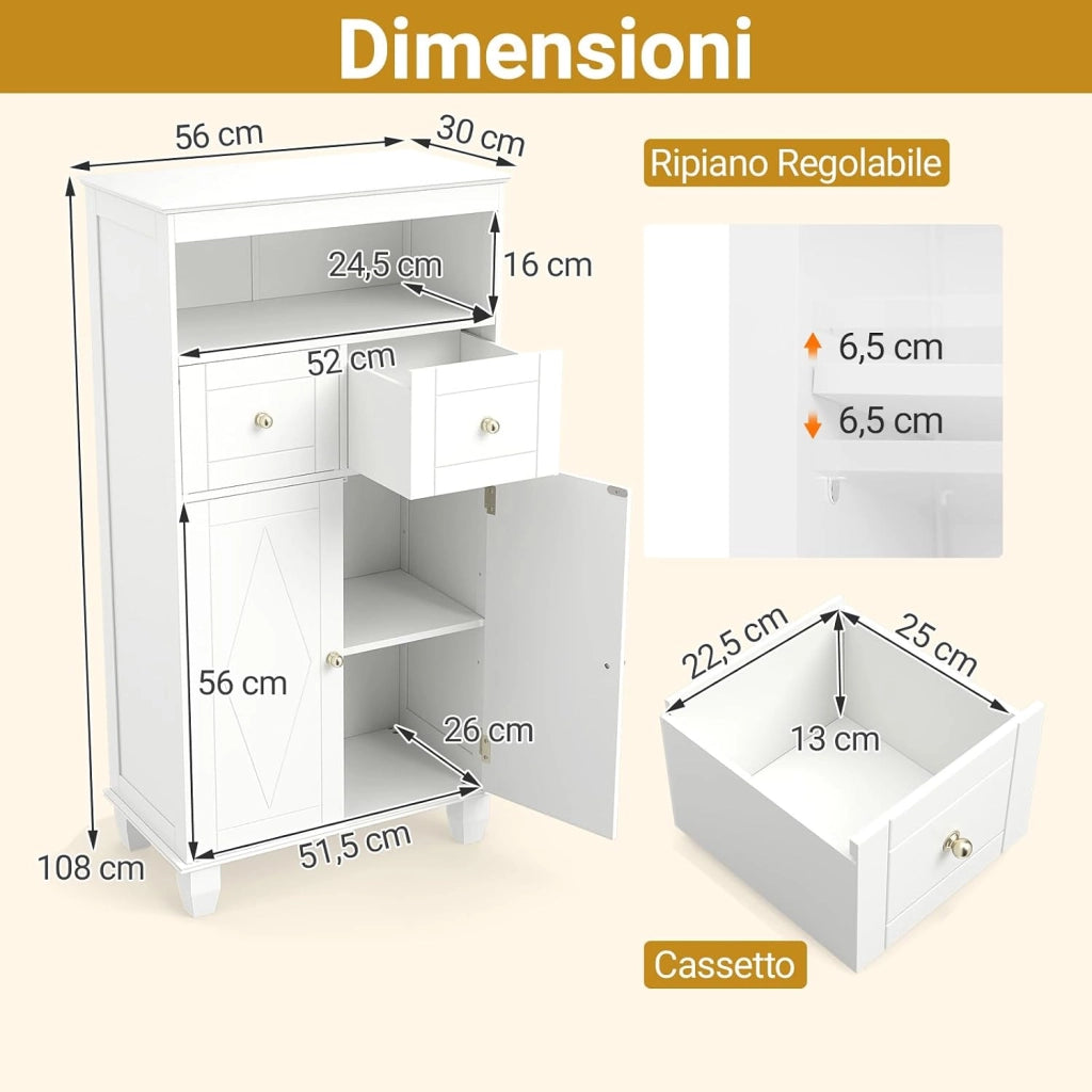 Mobile per Bagno, Armadietto Moderno Salvaspazio con Ante, Ripiani, Cassetti e Piedi in Legno di Pino Massiccio, Mobiletto per Soggiorno, Corridoio e Ingresso, 56 x 30 x 108 cm (Bianco)