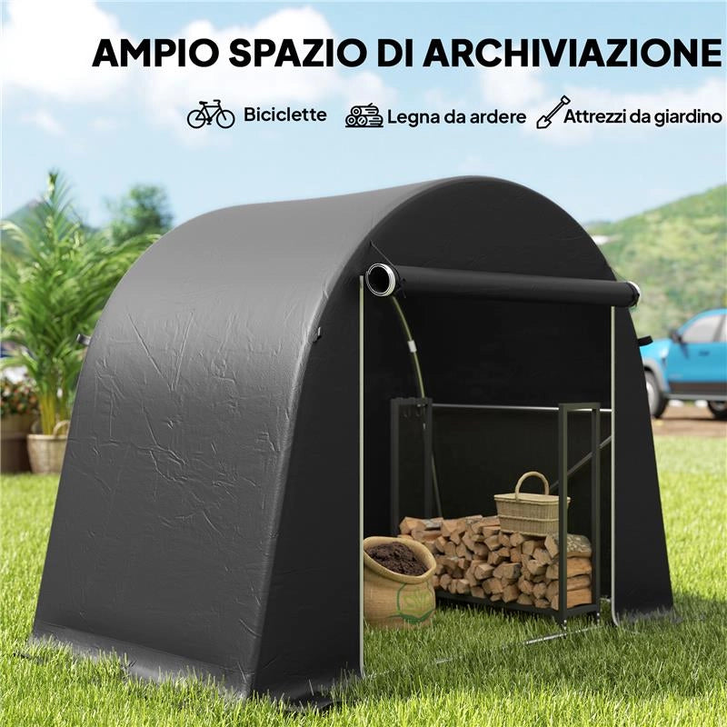 TENDA GARAGE PER BICICLETTE E ATTREZZI CON INGRESSO A CERNIERA, IN PE E METALLO, 245X120X200 CM, GRIGIO SCURO