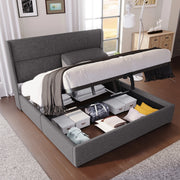 OKWISH Letto Contenitore 140×200 cm, Letto Matrimoniale con Testiera Regolabile, Vano Contenitore e Rete in Metallo, senza Materasso, Lino, Grigio