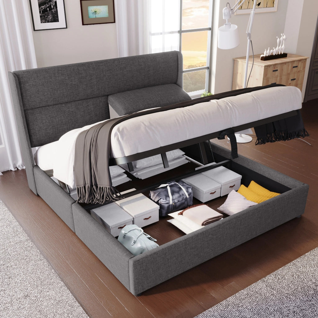 OKWISH Letto Contenitore 140×200 cm, Letto Matrimoniale con Testiera Regolabile, Vano Contenitore e Rete in Metallo, senza Materasso, Lino, Grigio