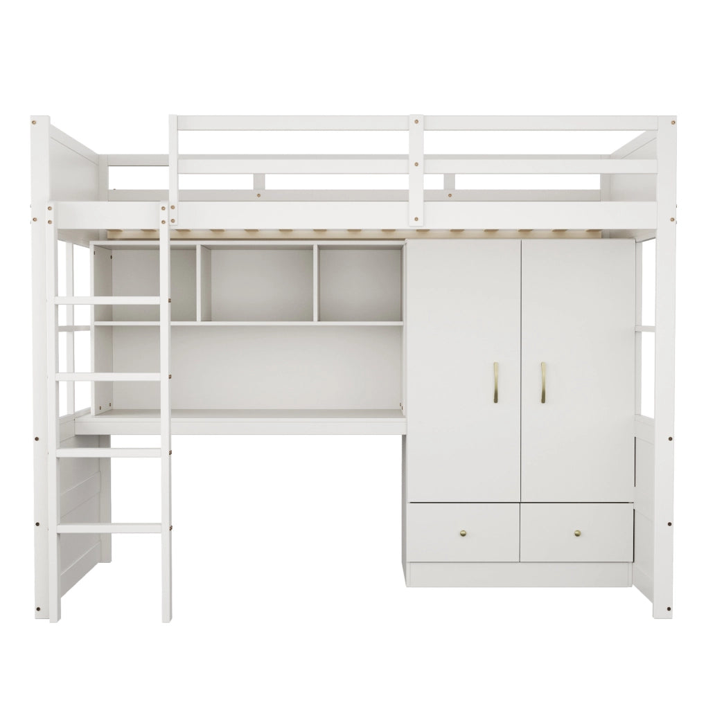 Letto a soppalco 90x200 cm in legno bianco con scala; scrivania; guardaroba e cassetti