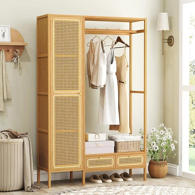 Appendiabiti in Bambù, Porta Abiti con Armadietto Mensola e Cassetti, Organizzatore di Armadio Autoportante per Ingresso Camera da Letto, 102 x 33 x 160 cm