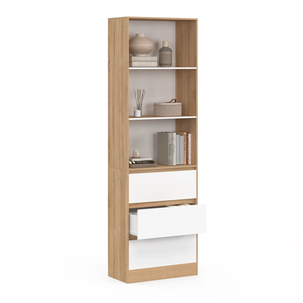 IDMarket - CARLA Libreria a 3 livelli con 3 cassetti bianchi ed effetto legno H.190 cm