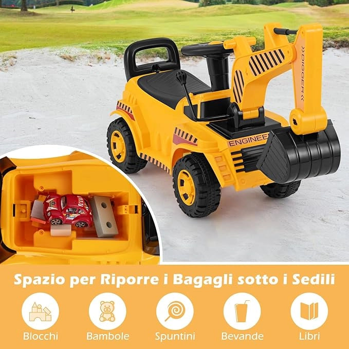Escavatore a Spinta Cavalvabile per Bambini, Ruspa Giocattolo con Benna da Scavo Suono e Spazio di Stoccaggio, Veicolo da Costruzione per Bambini 19-36 Mesi (Stile 4)
