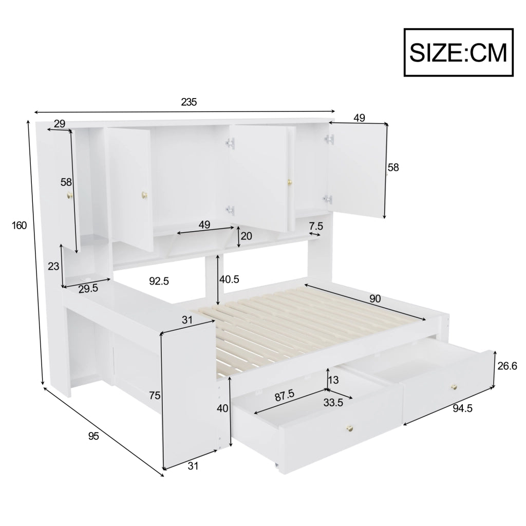 Letto singolo 90 × 200 cm con scrivania integrata armadi cassetti LED e prese elettriche bianco