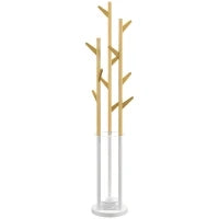 Appendiabiti da Terra di Design con Portaombrelli e 12 Ganci, Metallo e Bambù, 30.5x30.5x174.5cm, Legno e Bianco
