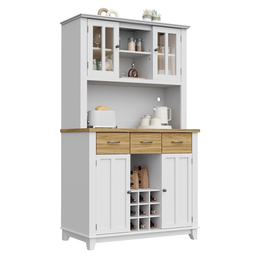 Buffet con Vetrina e LED ¨C MINIMAL ¨C Legno, Ripiani Regolabili, Cassetti