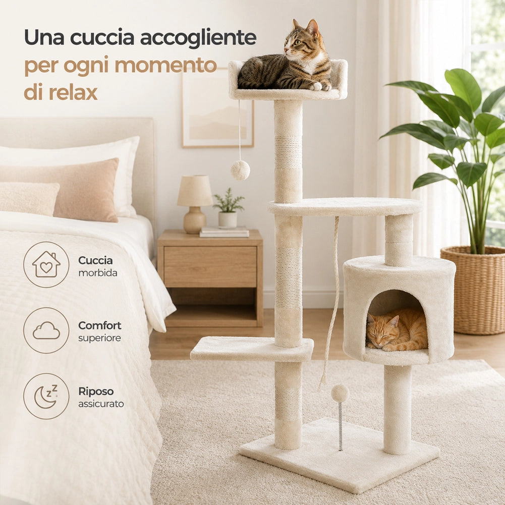 Albero Tiragraffi per Gatti Parco Giochi Cuccia Graffiatoio gatto H112cm Crema