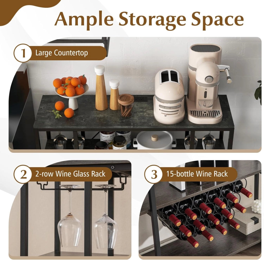 Portabottiglie Per 15 Bottiglie, Portabottiglie a 3 Livelli Con Supporto In Vetro, Tavolo Da Vino Con 2 Porte USB e 2 Prese, Armadietto Per Vino Industriale Metallo, 113 x 35 x 85 cm